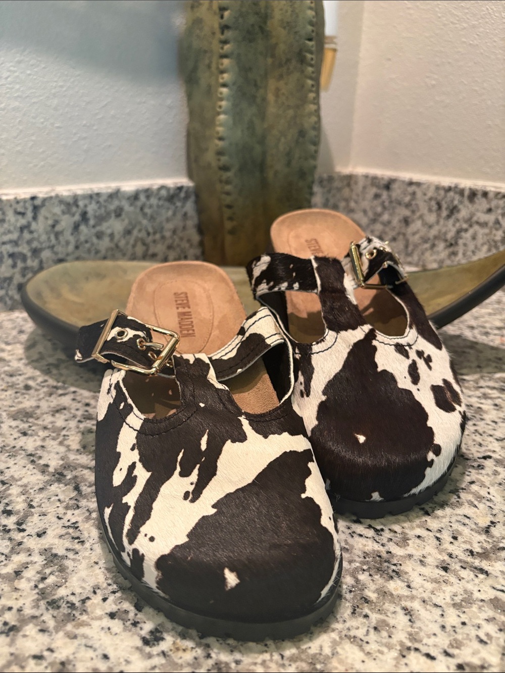 Steve Madden Black and White Cow-Print Clog Mules